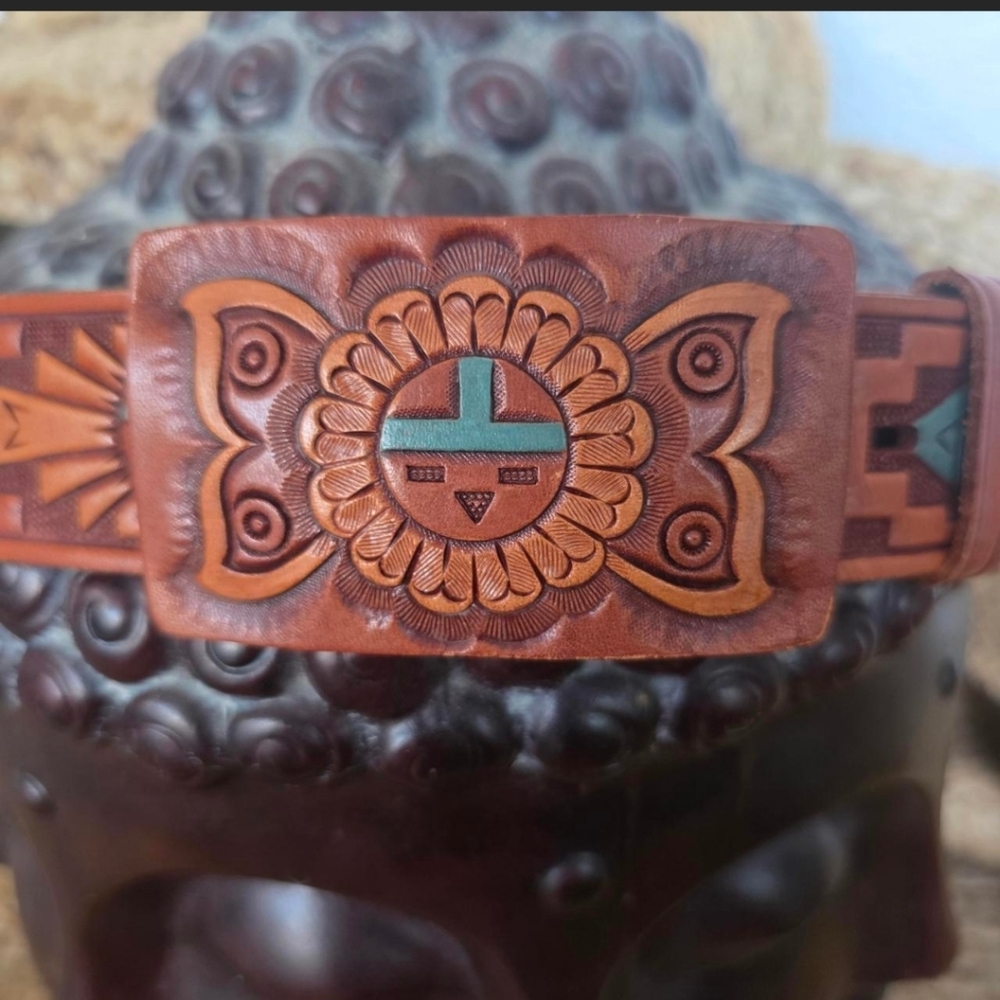 NWOT Vintage 70s Tooled Leather Zuni Sun Hand Painted Western Boho Belt 34 - Picture 3 of 11